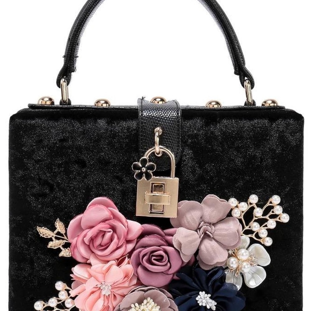 New - Floral Embellished Black Handbag